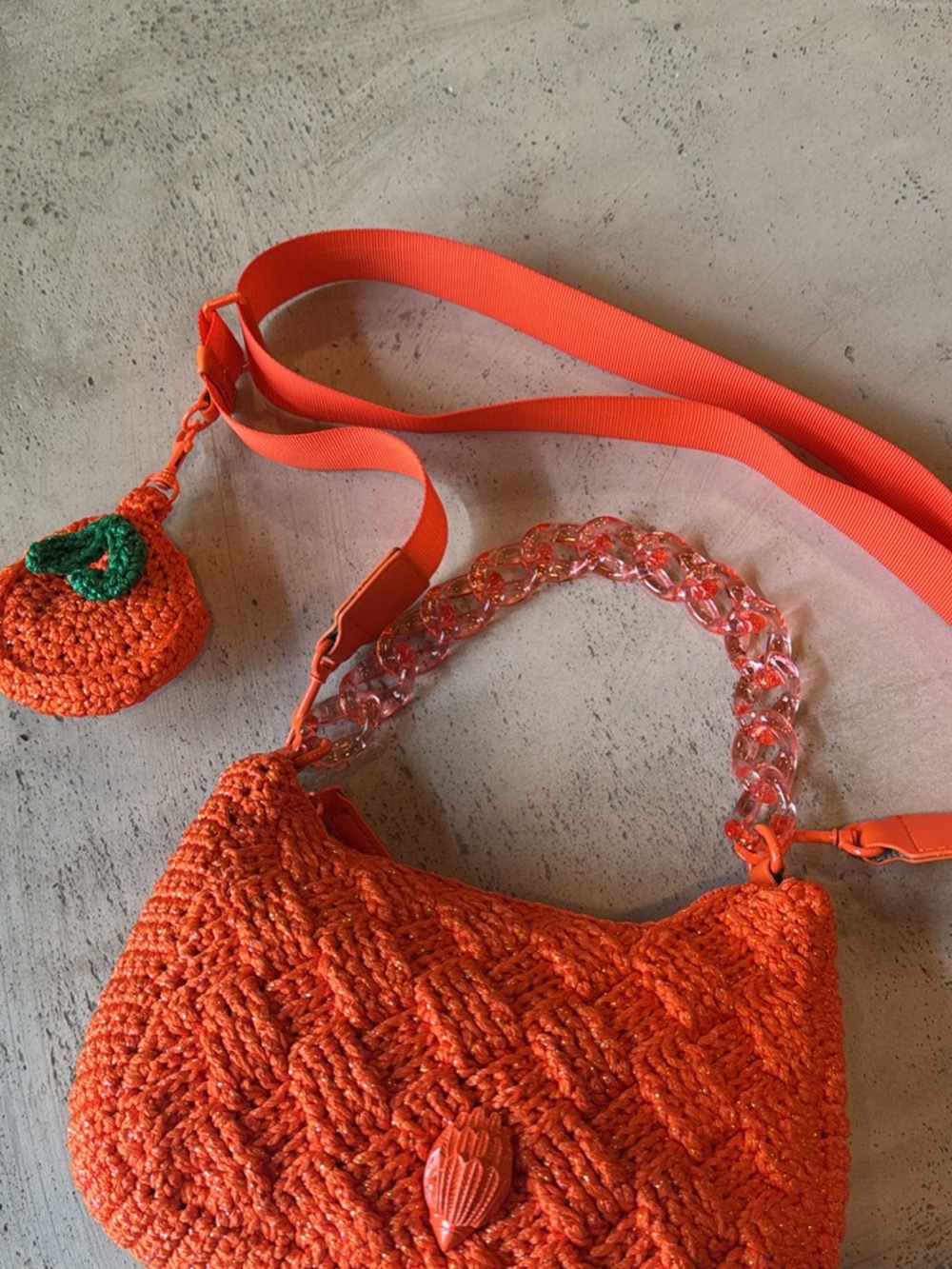 Kurt Geiger Orange Crochet Shoulder Bag with Clear Chain